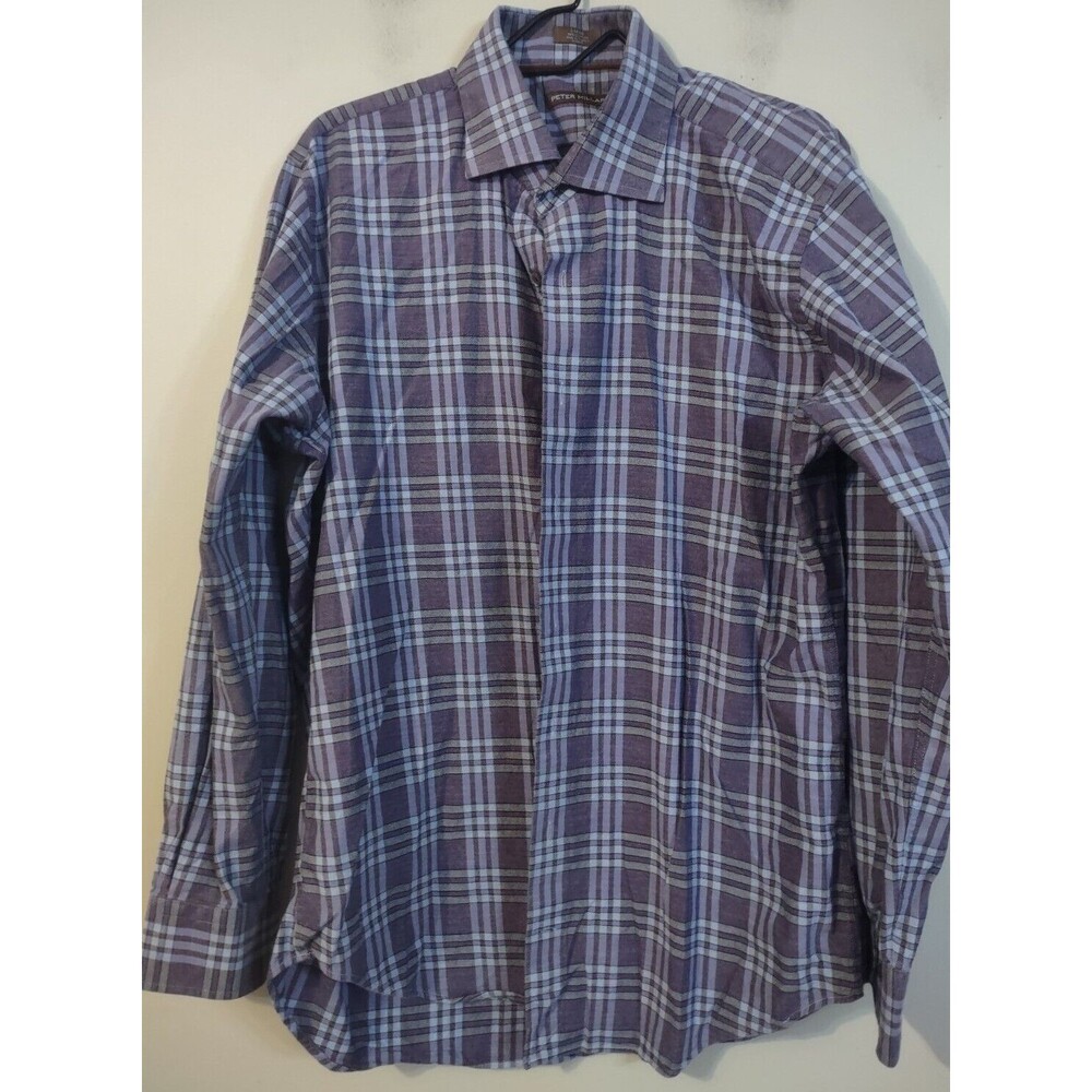 Peter Millar Dress Shirt Mens Large Purple Gray Plaid Flannel Cotton Button Up